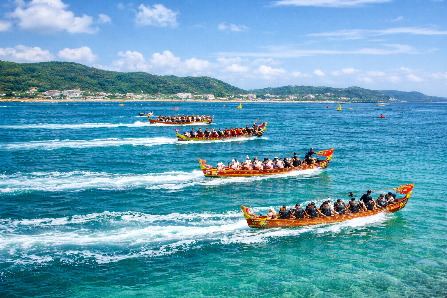 エメラルドグリーンの海を疾走する爬龍船