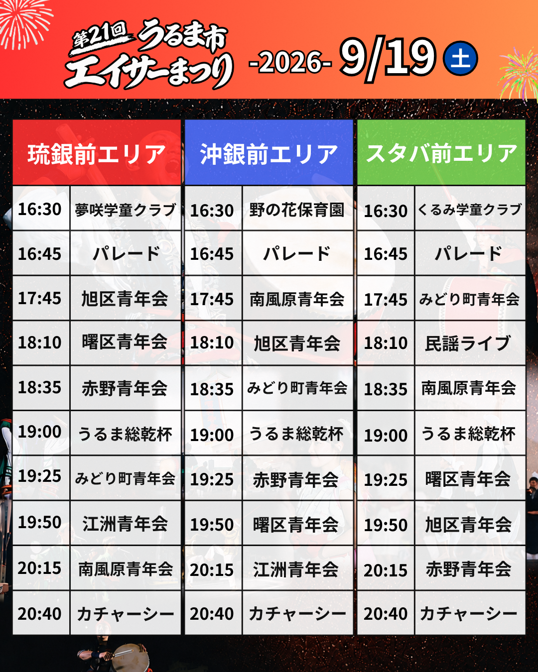第21回うるま市エイサーまつり 9月19日のイベントプログラム スケジュール