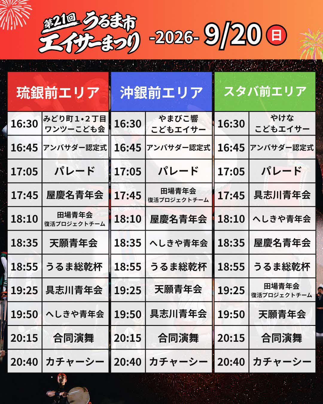 第21回うるま市エイサーまつり 9月20日のイベントプログラム スケジュール