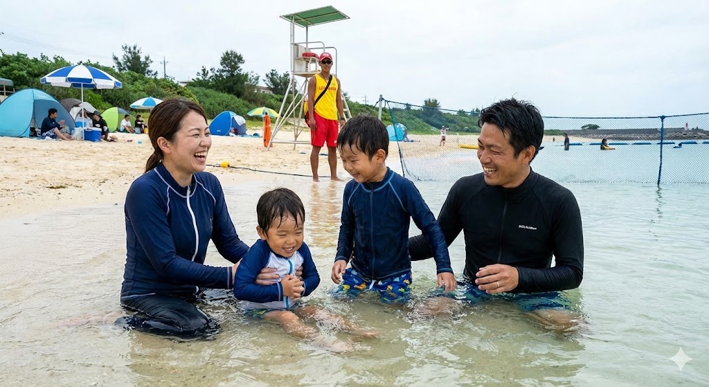 地元スタイルで初泳ぎを楽しむ地元民
