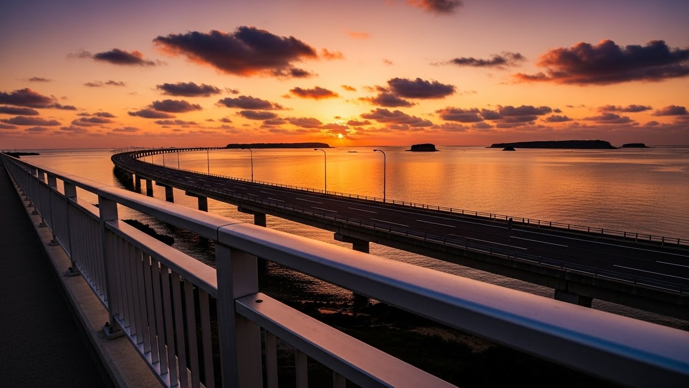 「海中道路」のロードパーク歩道橋から見た日の出