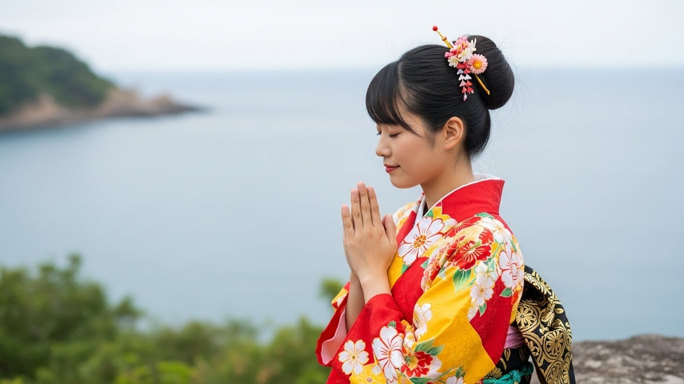浜比嘉島「アマミチューの墓」で祈る女性