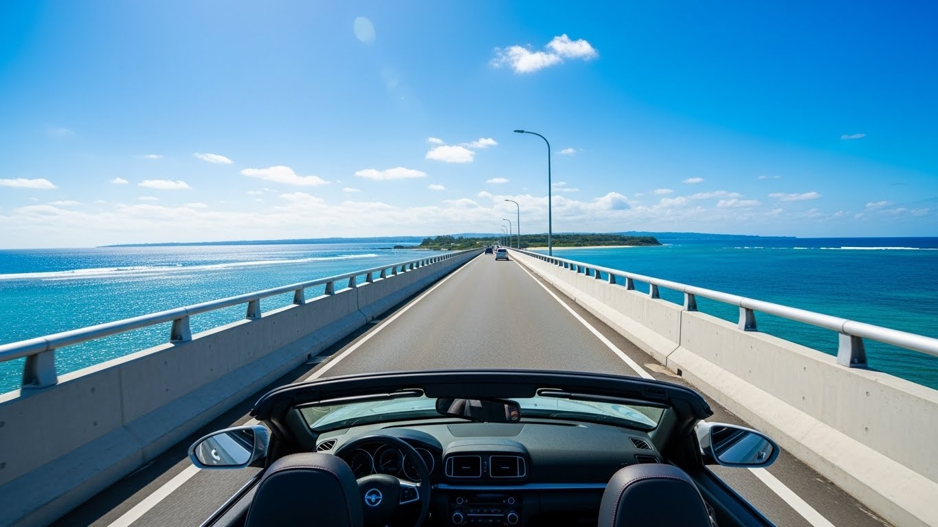 海中道路を渡り、浜比嘉島へ向かうドライブ風景