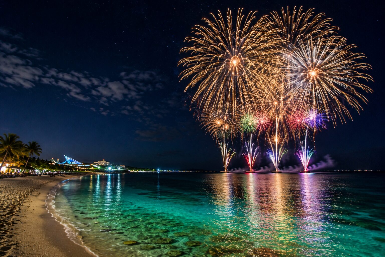 海洋博公園エメラルドビーチの東シナ海上に打ち上がる美ら海花火大会